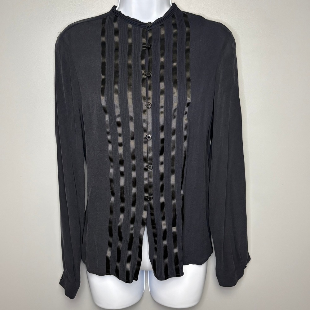 Jones New York 100% Silk Black Sheer Pleated Office Romantic Button Up Sz 10
